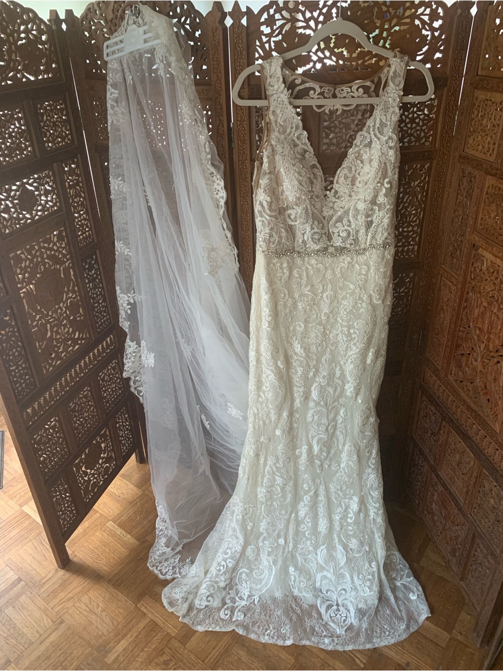 Galina Signature Ivory Lace V-Neck Wedding Gown SWG 772